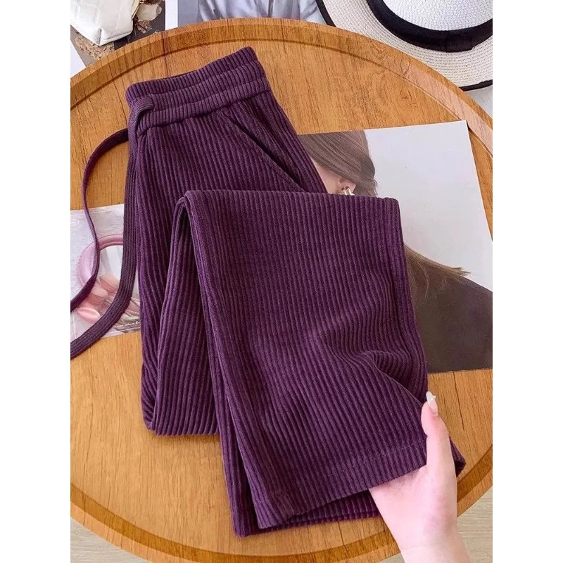 

Тонкие вельветовые фиолетовые широкие брюки для женщин, весна-осень 202, новые повседневные свободные универсальные прямые брюки с высокой талией