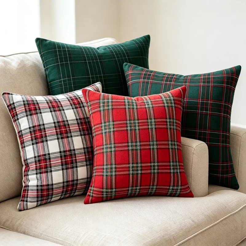 Christmas Plaid Throw Pillow Covers, Classic Scottish Buffalo Plaid Cushion Case,  for Living Room, Couch, Bedroom Decoration