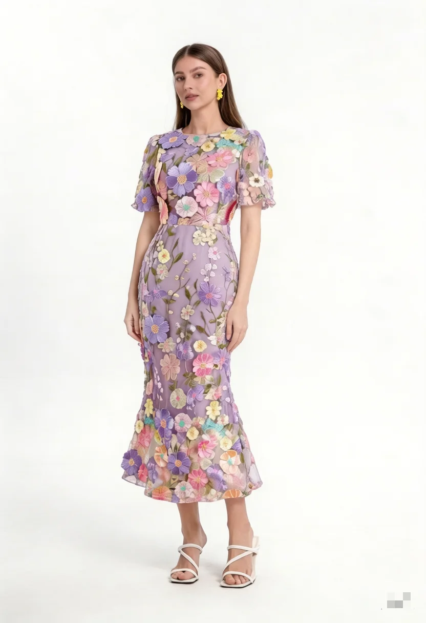 

Women 3D Floral Embroidery Midi Dress Short Sleeve Fishtail Mesh Elegant Party Wedding Guest 2026 Summer New Fashion
