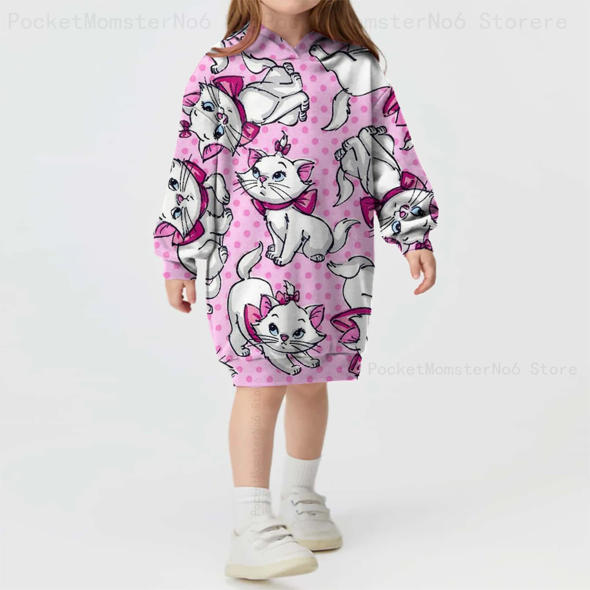 

2023 New Disney Mary Cat Spring and Autumn Casual Cartoon Cute Hoodie Dress Printed Girls Casual Loose Hooded Dress