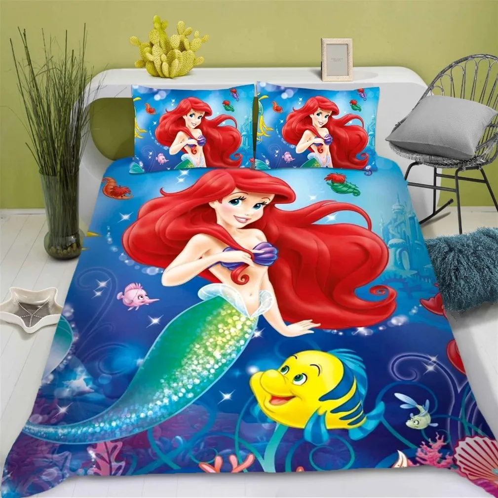 Parure de lit petite sirène pour garçons et filles, housse de princesse Disney Ariel, décoration de chambre à coucher, ensemble de literie de la petite sirène