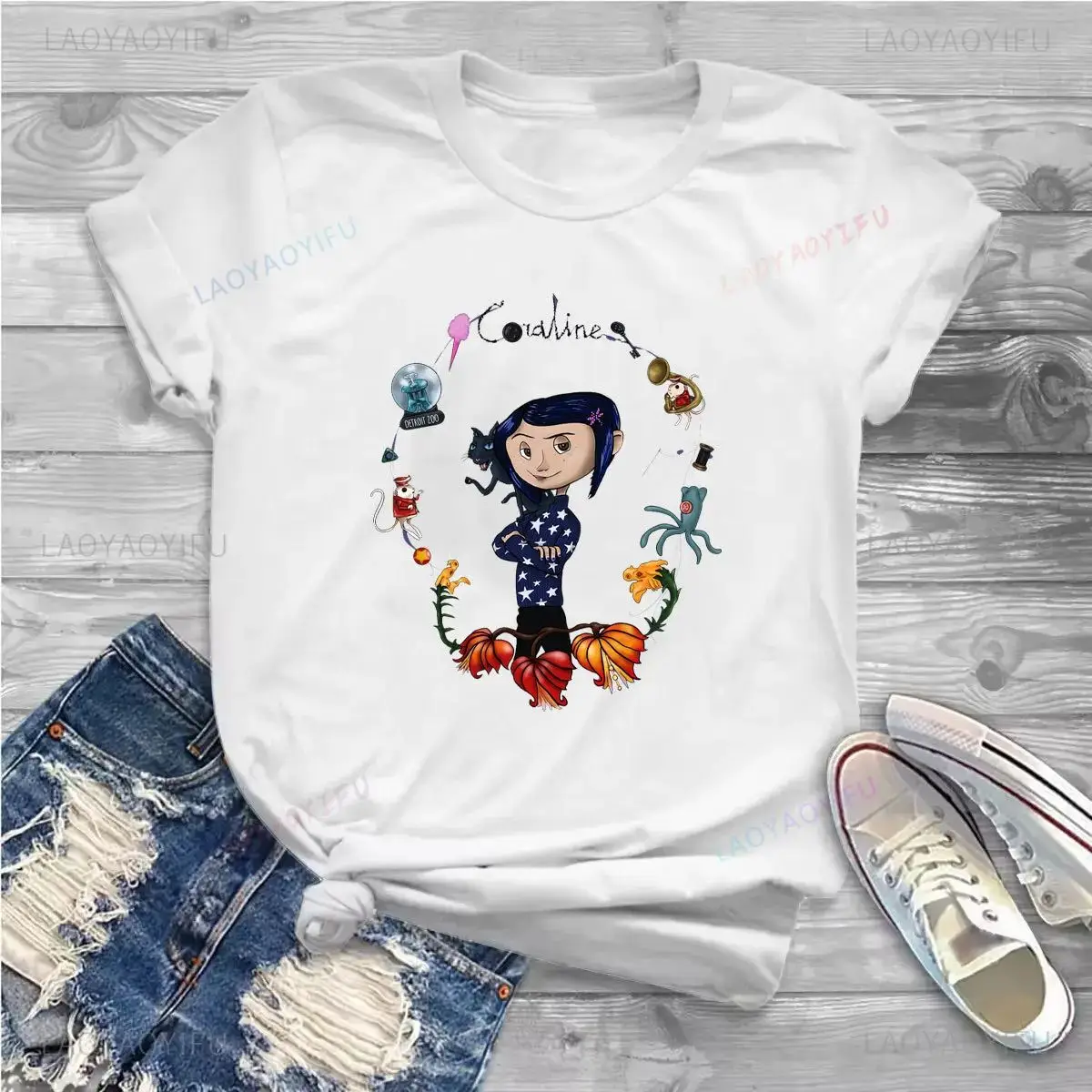 Classic Cotton Women\'s T Shirts Vintage Coraline Amazing Tees Short Sleeve Crewneck T-Shirt Summer Clothing