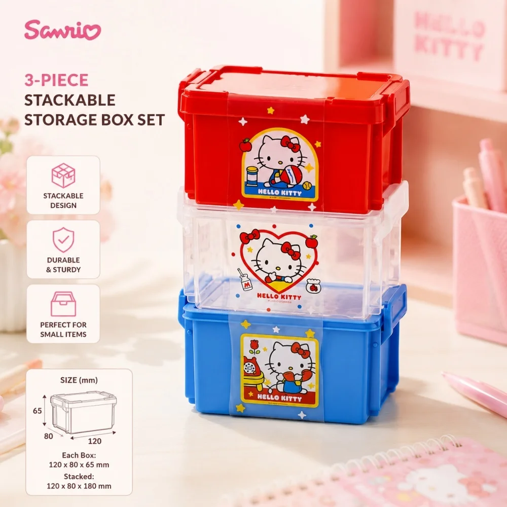 Genuine Sanrio Hello Kitty 3 Color Stackable Storage Box Cute Desk Organizer for Stationery Toys Cosmetics Office School Gifts