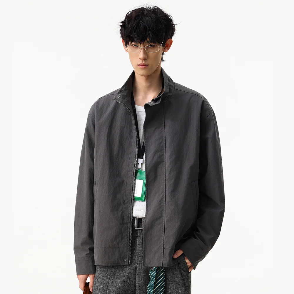 Autumn Stand Collar Coat Men's Retro Fashion Streetwear Loose Casual Tool Cargo Jacket Spring Outerwear
