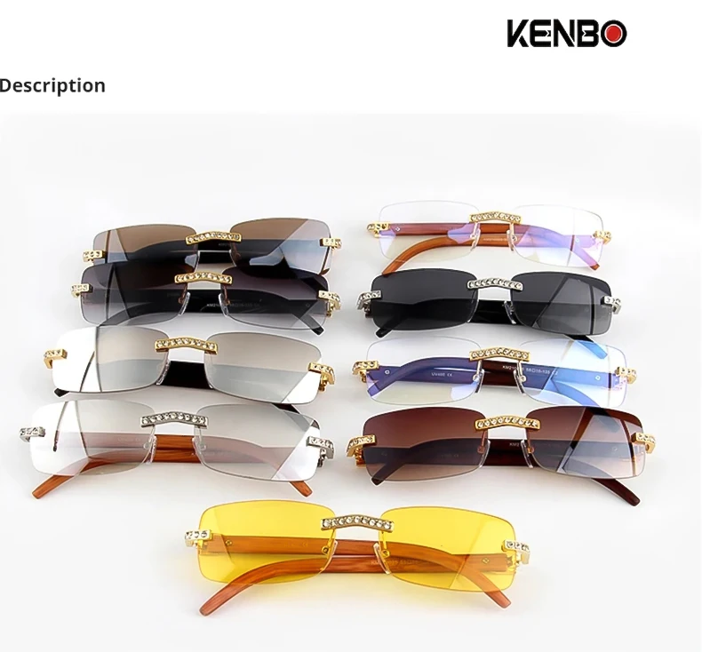 Kenbo Vintage randlose Rechteck Sonnenbrille für Frauen Männer Luxus Brille Mode Kristall Holz Brillen Sonnenbrillen uv400 – Detail 1