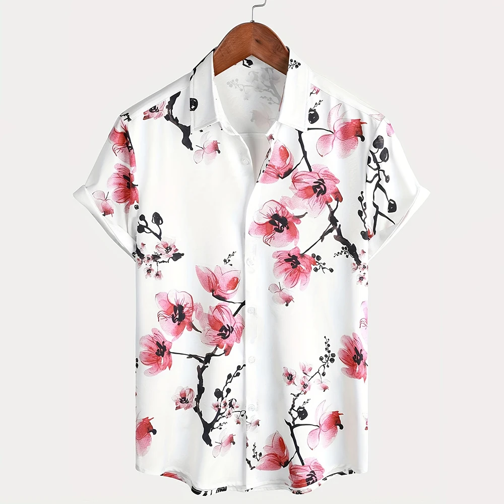

2025 New Men's Short-sleeved Shirt Summer Fashion Black And White Floral Print Button-up ShirtsCasual Holiday V-neck Blouse Top