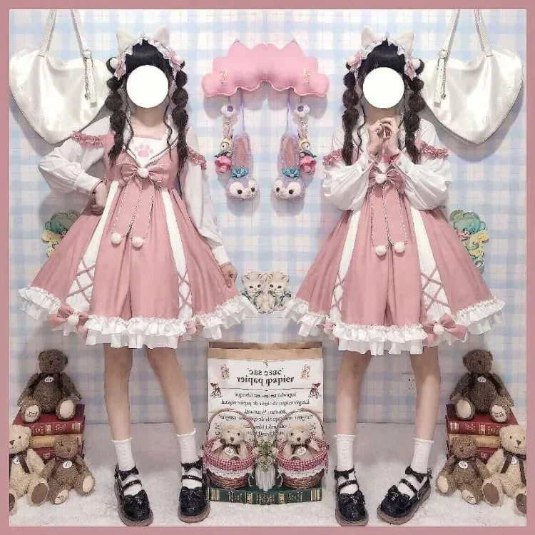 Oversize Meow Paw Lolita Dress for Women Sweet Sailor Collar Bow Vestidos Mujer Y2k E-Girl Long Sleeve Winter New Dresses