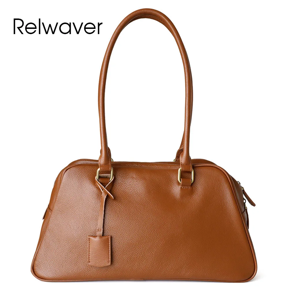 Relwaver women tote bag genuine leather handbags 2024 winter big capacity bowling bag vintage style women shoulder bag