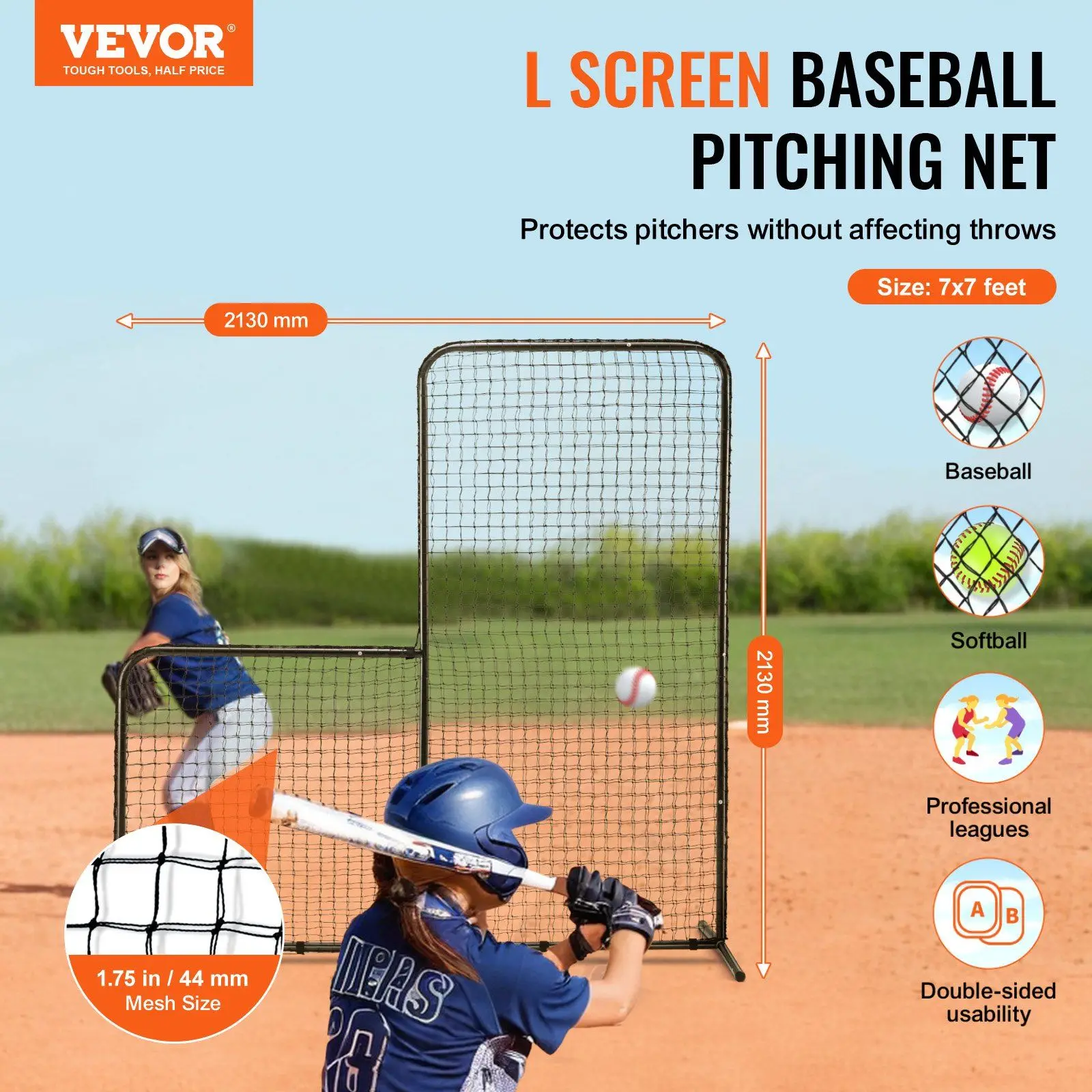 VEVOR L Screen Baseball for Batting Cage, 7x7 ft Baseball Softball Safety Screen, Body Protector Portable Batting Screen with Ca