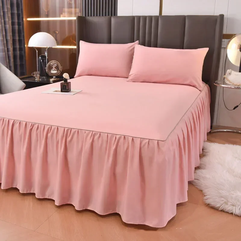 Single piece anti slip solid color bed skirt bed fitted sheet bedcover mattress protection cover bedskirt pillowcase bedding