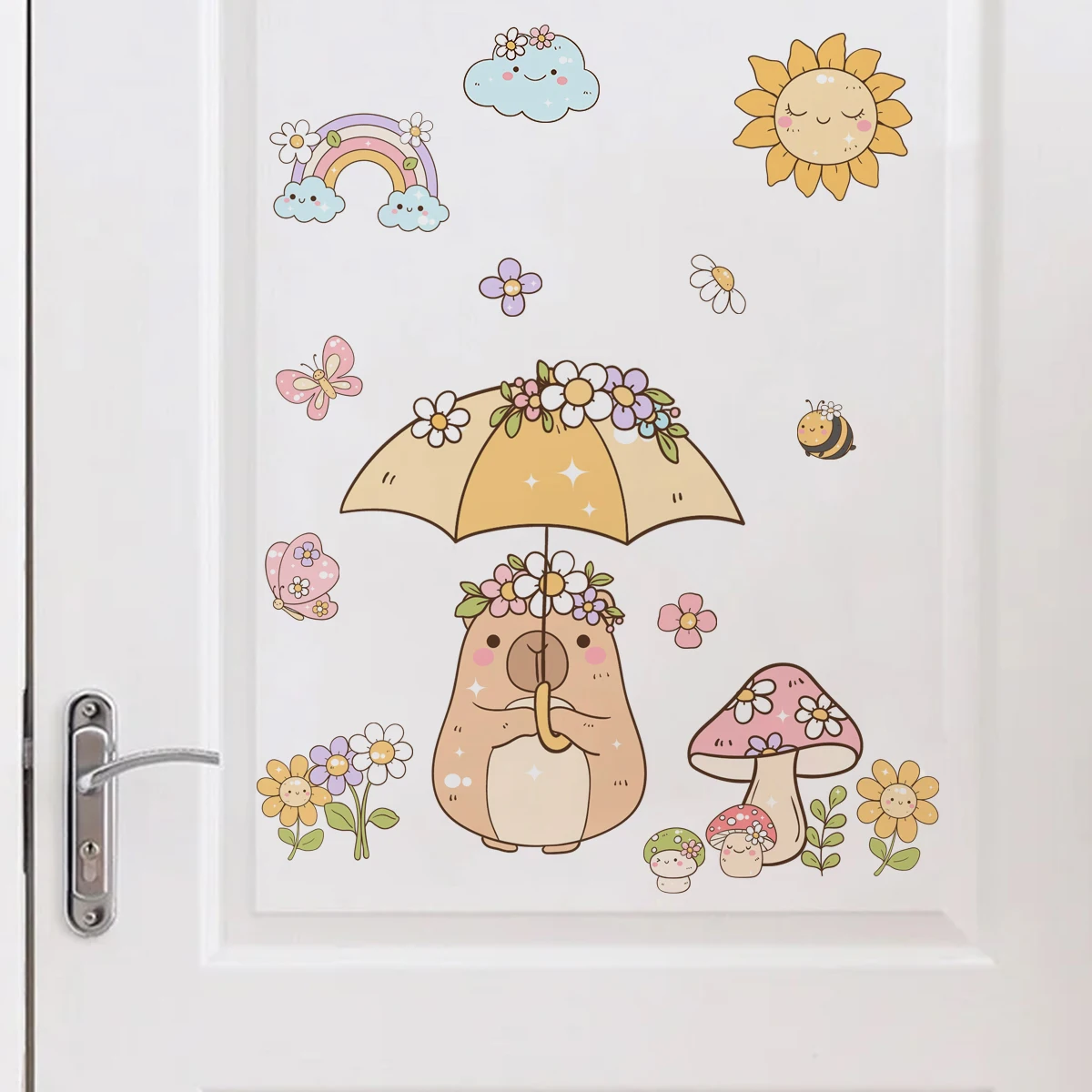 Cartoon Cute Brown Capybara Butterflies Rainbow Watercolor Wall Sticker Child Room Wall Art Decal Kids Room Living Home Decor