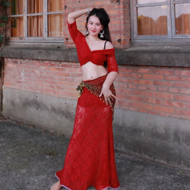 بدلة أداء الرقص الشرقي مجموعة دانتيل مثيرة راقية للبالغين ملابس ممارسة الرقص الشرقي الاحترافية ملابس تدريب الرقص