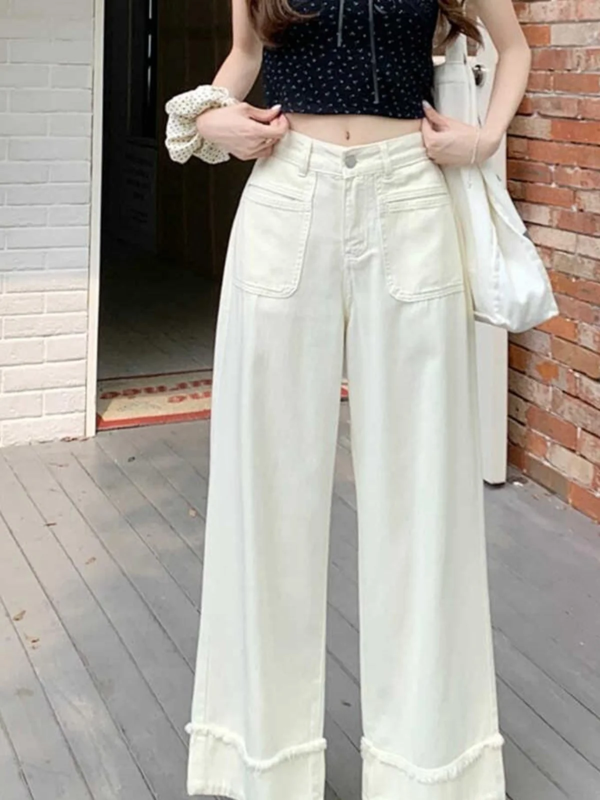 하이웨이스트 스트레이트 레그 진 여성 플러스 사이즈 스플라이싱 프레이드 헴 캐주얼 와이드 레그 롱 팬츠 봄 가을 솔리드 컬러