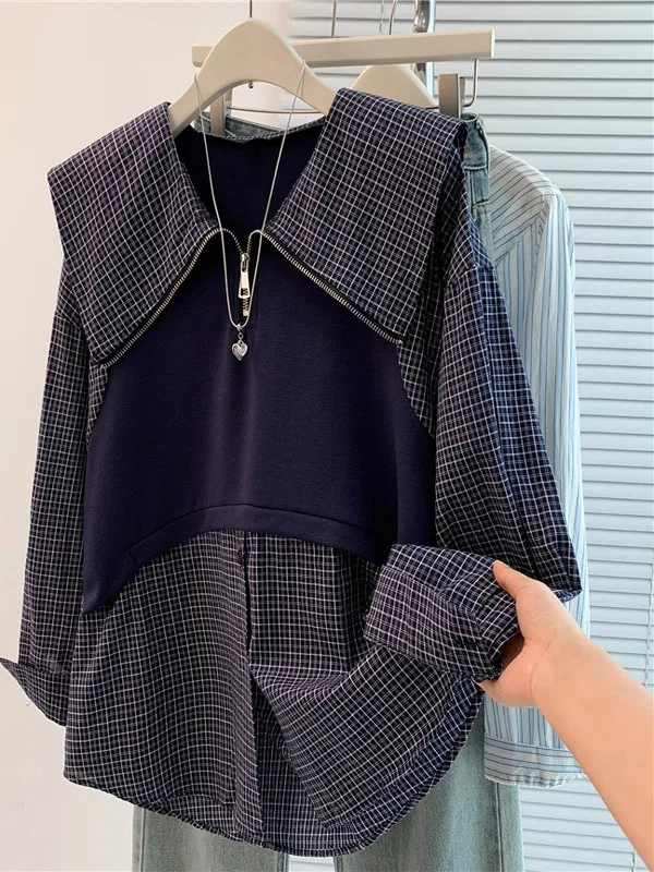 Faion دمية طوق منقوشة الربط طويل Sve irt المرأة فضفاضة حجم كبير التخسيس وهمية قطعتين أعلى الخريف 2025 البحرية Sle