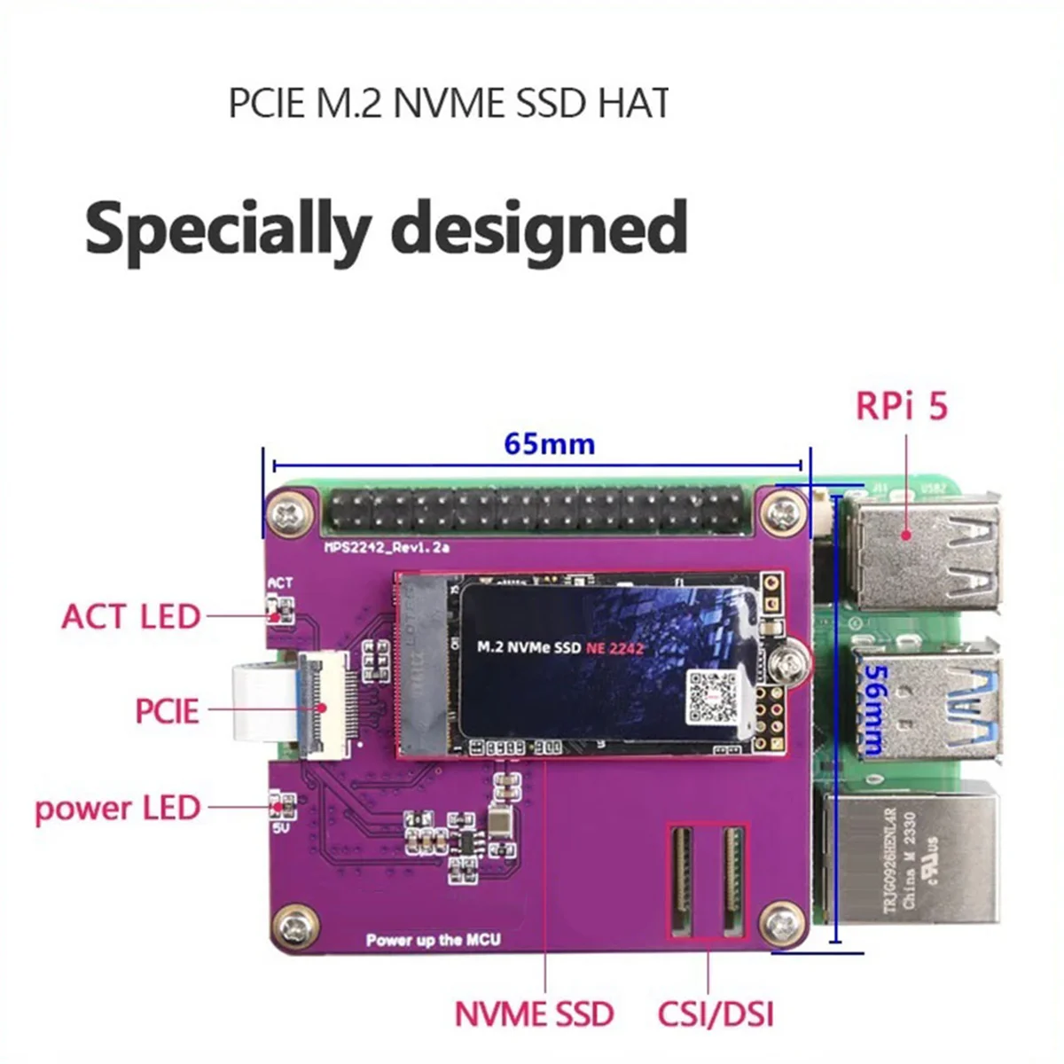 PCIE M.2 NVME 2230 2242 Gen3 SSD HAT Expansion Board+Case+SSD Heat Sink for Raspberry Pi 5 PCIE M.2 NVME SSD HAT