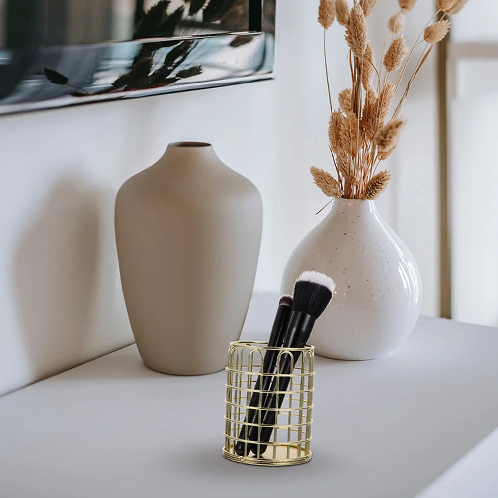 

2 Pcs Makeup Brush Storage Container Cylindrical Wire Pencil Cup Metal Holder Metallic Line Round Iron Desk Organizers