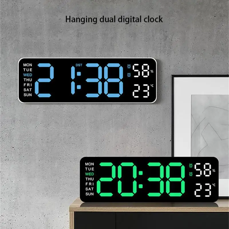 9 Inch Large Digital Wall Clock USB Powered TEMP Humidity Week Auto Dimmer DST Table Clock 12/24H Electronic LED Alarm Clock