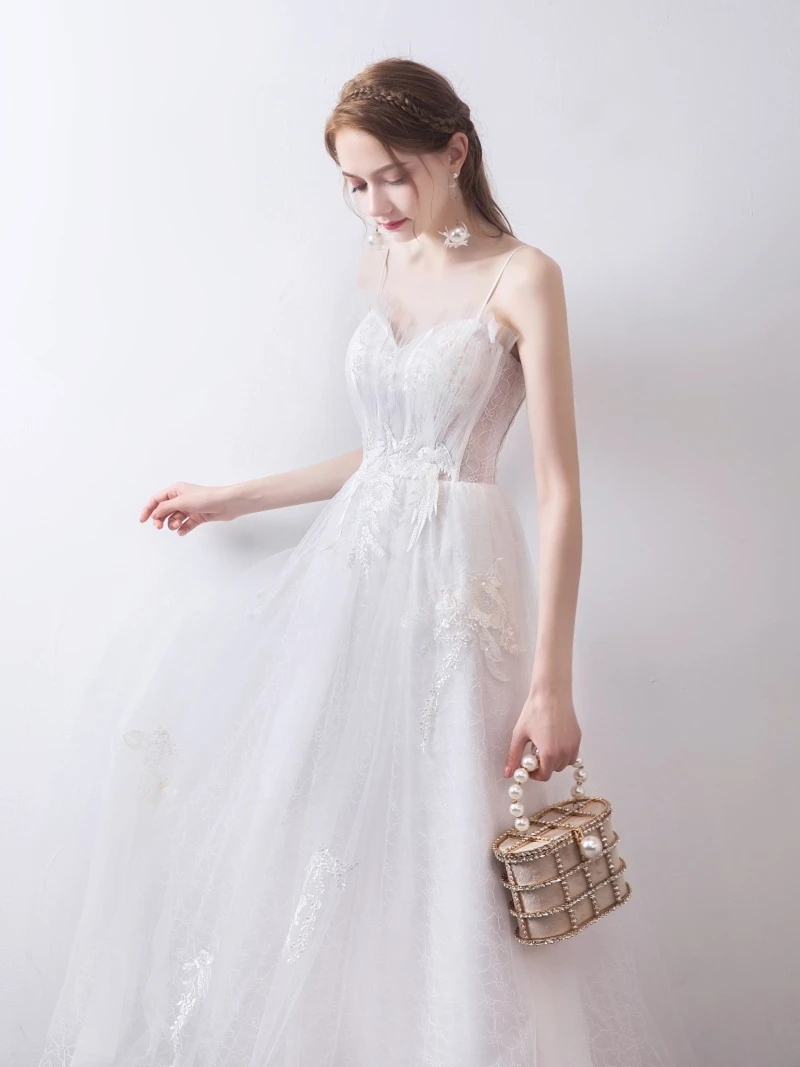 

White Strapl Bridal Gown Birthday Ele Long Dr Korean Sle Lace A-Line Skirt No Sve Mid-Waist for Wedding Par