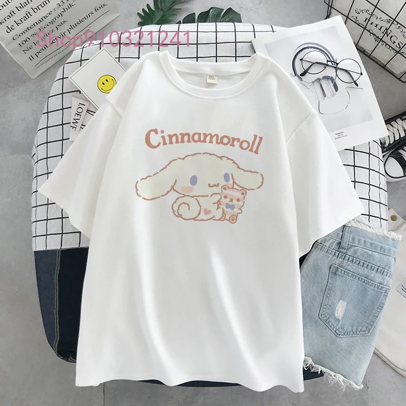 Cartoon śliczne koszulki Cinnamoroll drukuj damski T-shirt z krótkim rękawem japoński letni top Tees Harajuku gotyckie koszule damskie