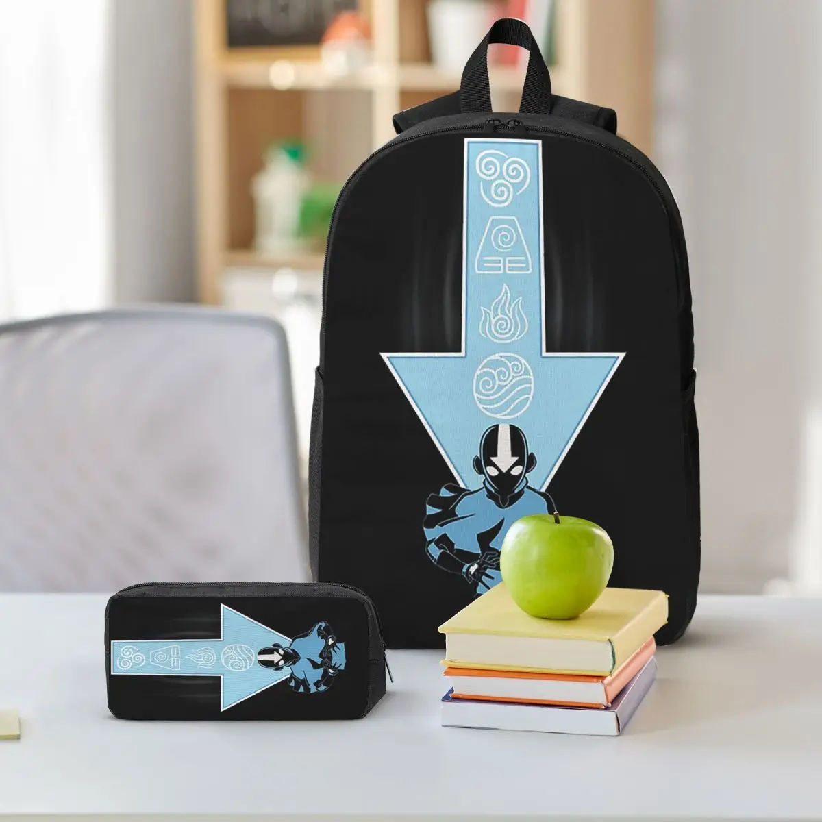 Avatar Aang Arrow Rucksack für Studenten, Jungen und Mädchen, Büchertasche, Schultasche, Laptop, Umhängetaschen, 3 Stück, isolierte Lunchtasche, Federmäppchen