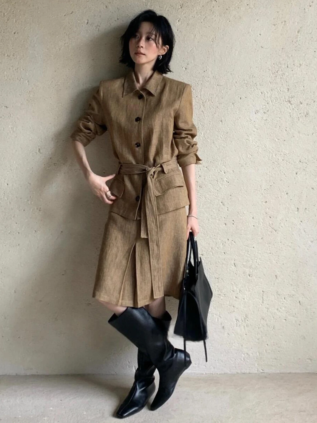  Linen Belted Coat And Skirt Set Women's Autumn 2026 New Style High-End Feel Outerwear And Half Skirt Two-Piece Set