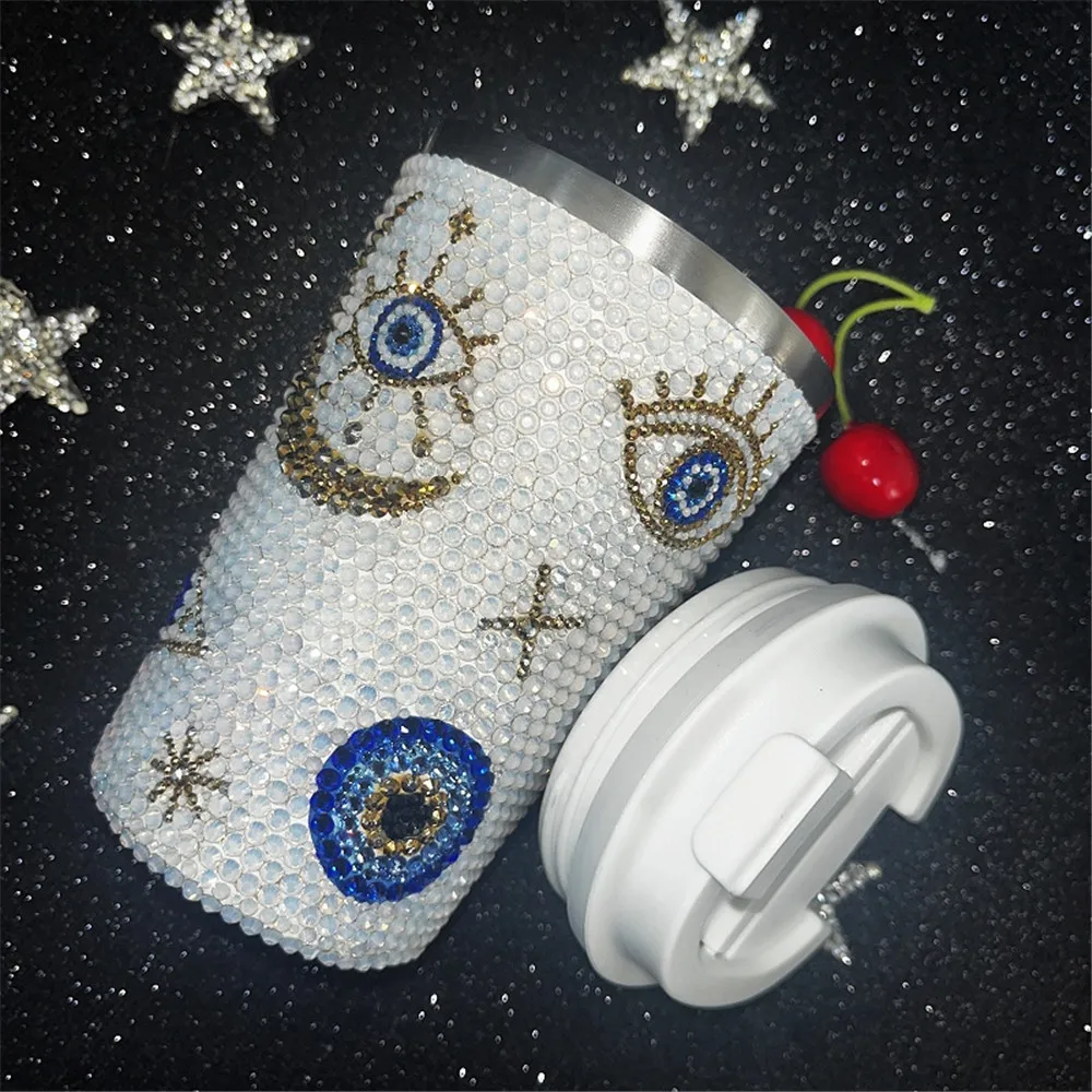 380ML White Opal Evil Eyes Sparkle DIY Handmade Rhinestone Coffee Car Mug Photo Props