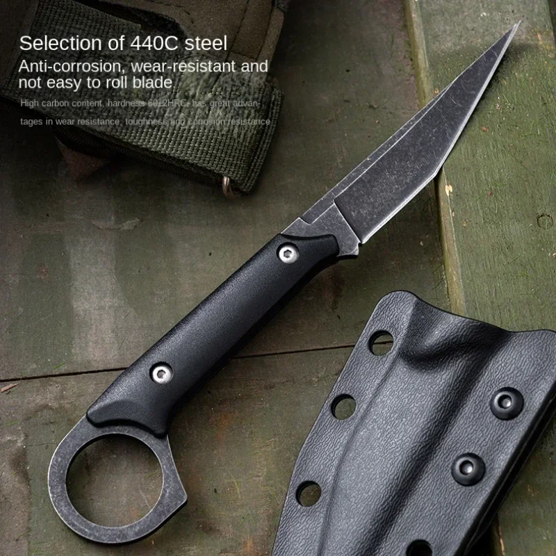 New EDC 440C Stainless Steel Tactical Straight Knife, Outdoor Self-Defense Survival Knife with K Sheath, Portable Camping Knife