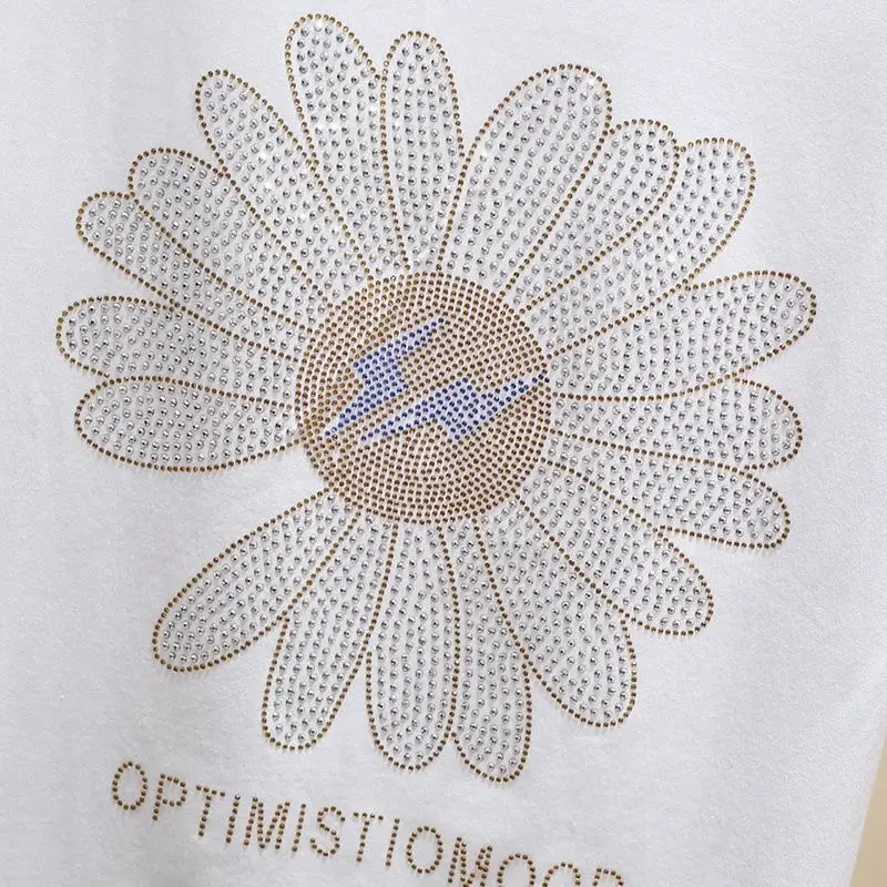 New Fashion Ins Hot Rhinestone Loose T-shirt Women 2023 Summer Small Daisy Short Sleeve Sun Flower Cotton Tshirt Top