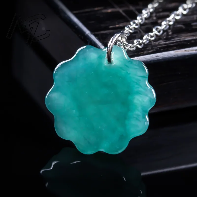 Hand Carved Natural Blue Water Jadeite Flower Pendant S925 Silver Chain Floral Jade Necklace Women Vintage Chinese Jewelry Gift - view 4