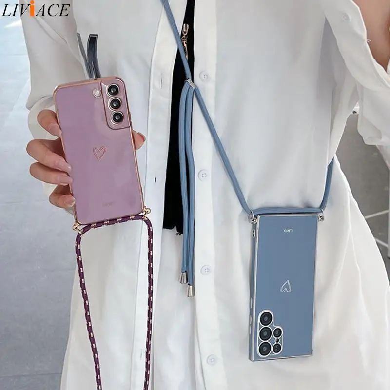 Liebe Herz Cross body Lanyard Strap Handy hülle für Samsung Galaxy S21 S20 S22 S23 S24 S10 S9 S8 Note 10 20 plus Ultra Fe Cover