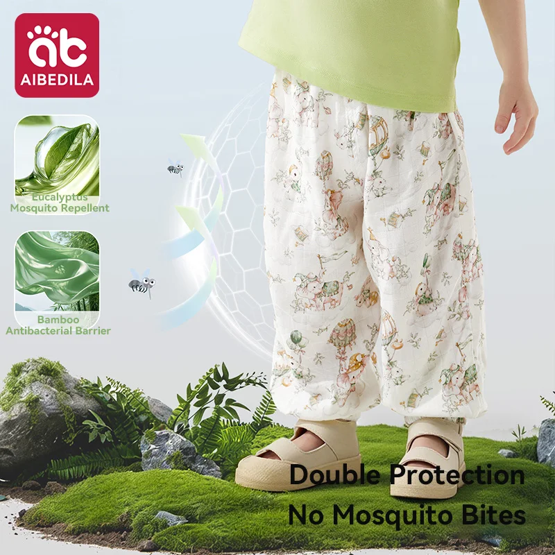 AIBEDILA New Kids Anti-Mosquito Pants Summer Thin Bamboo Cotton Breathable Loose Bloomers Trousers for Boys Girls