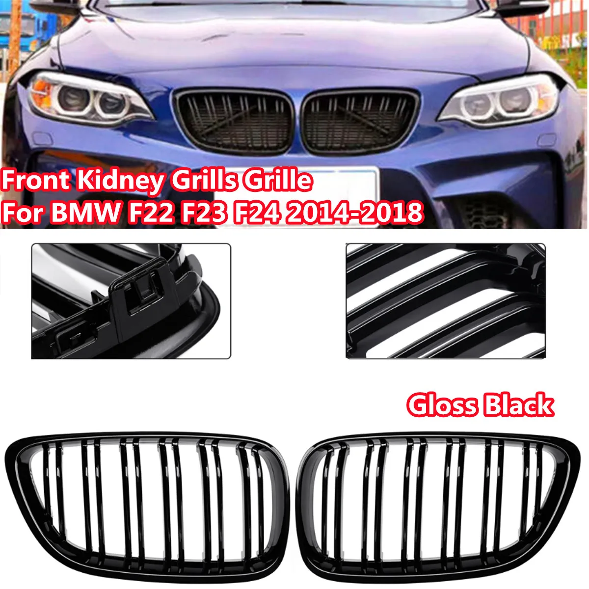 

Glossy Black Front Bumper Kidney Double Line Sport Grille For-BMW M2 F87 F22 F23 F24 2014-2018 220i 230i 235i Racing Grilles