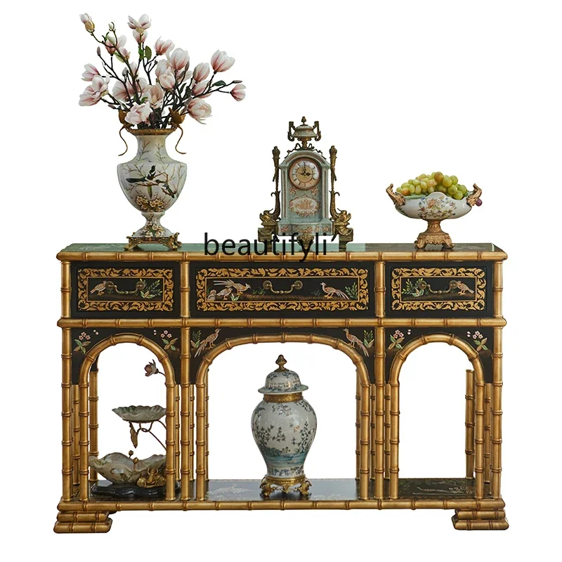 

French Chinese style solid wood porch cabinet, living room decorative cabinet, villa entrance foyer partition storage table