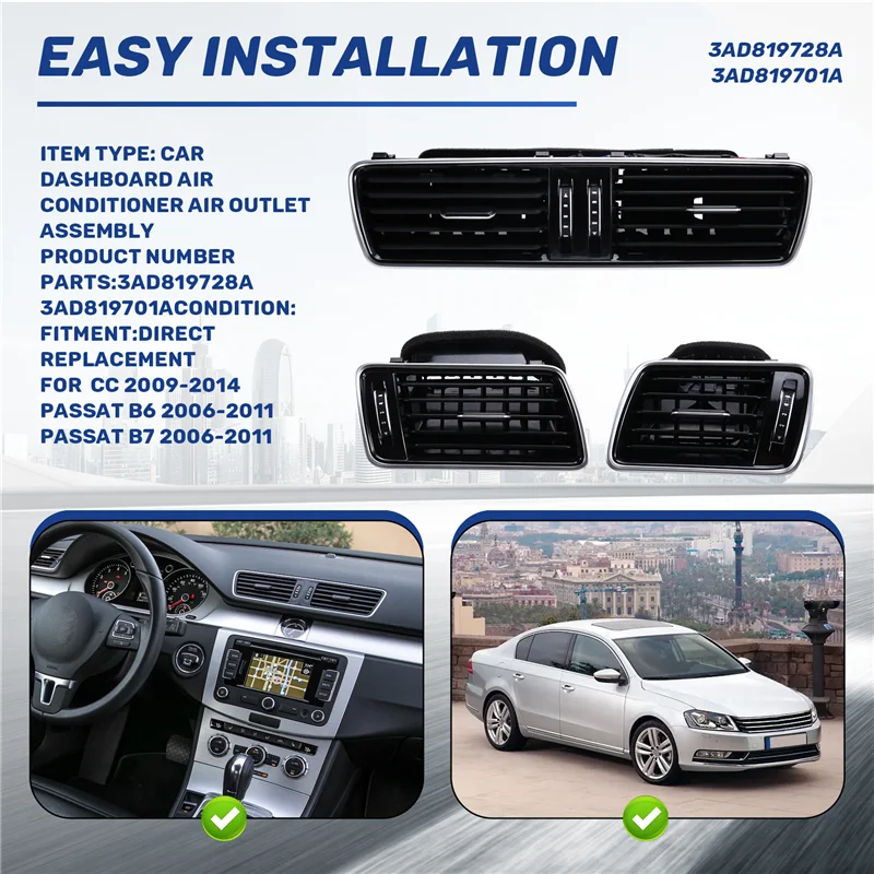 

Car Dashboard Air Conditioner Air Outlet Assembly A/C Outlet Grille Panel 3AD819728A 3AD819701A For VW CC PASSAT B6 B7