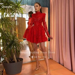 Qunque Red Lace Short Prom Dresses Buttons Customized Long Sleeves Graudation Cocktail Prom Party Gown Vestidos De Manga Larga