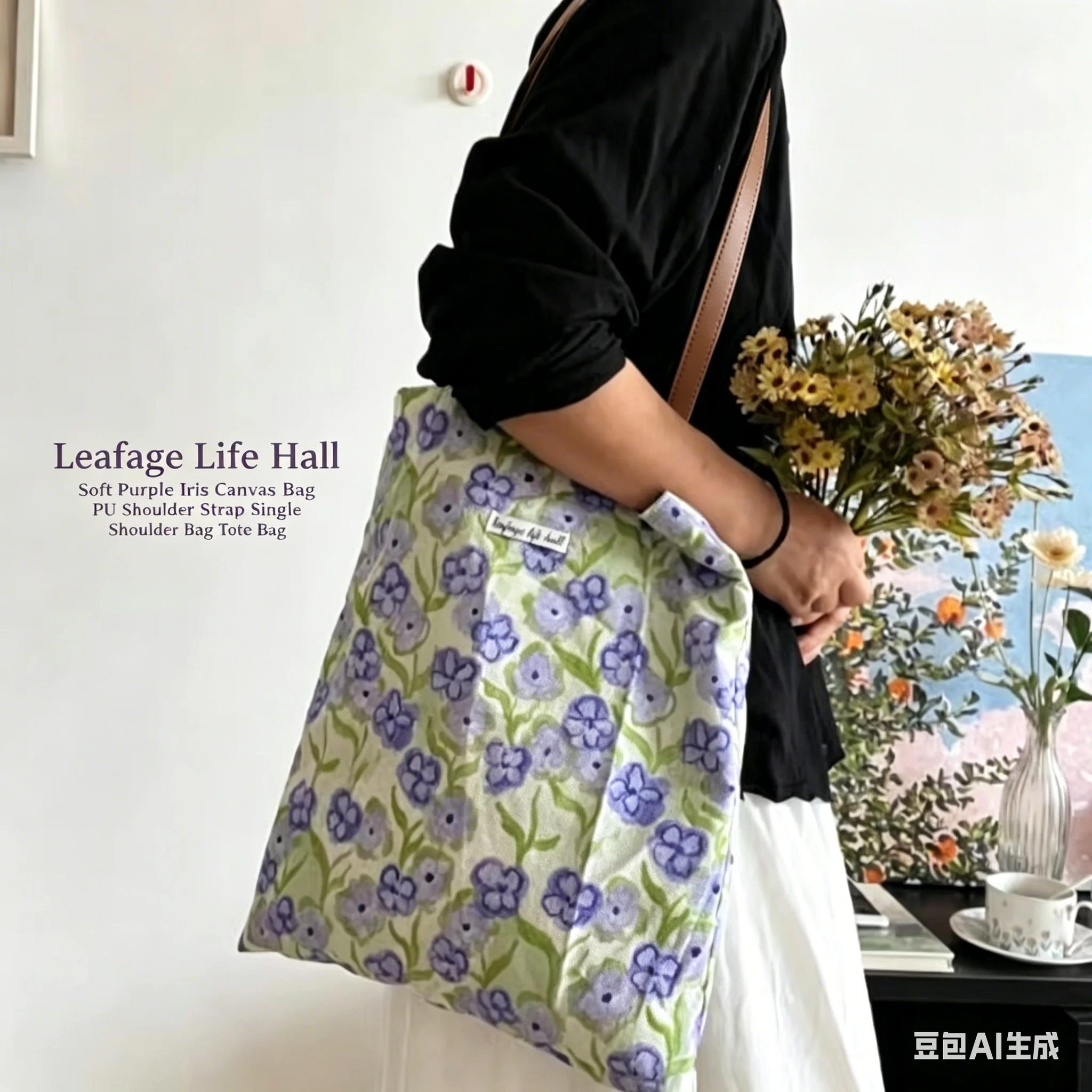 

Leafage Life Hall Soft Purple Iris Canvas Bag PU Shoulder Strap Single Shoulder Bag Tote Bag