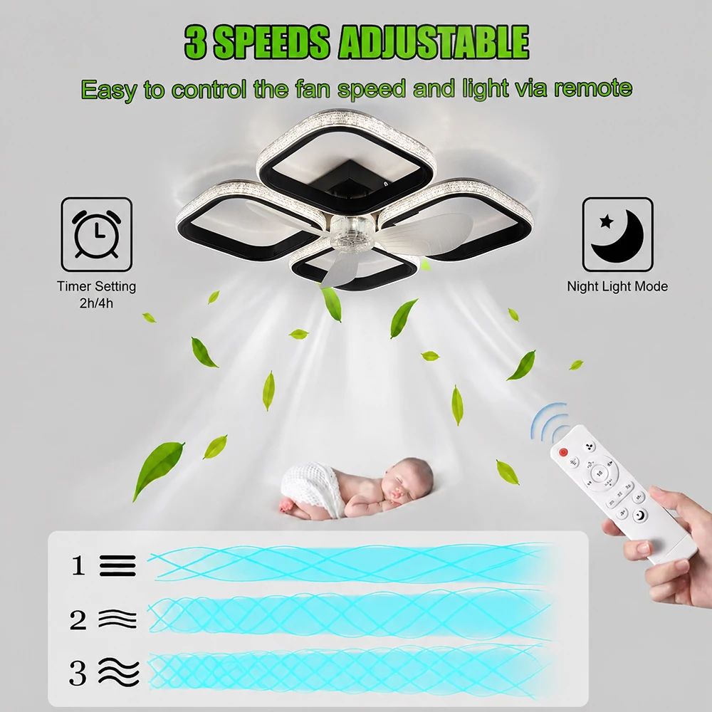 Modern Silent LED Ceiling Fan with Light 3-Speed 2-in-1 Electric LED Ceiling Fan Dimmable 3 Colors for Living Room