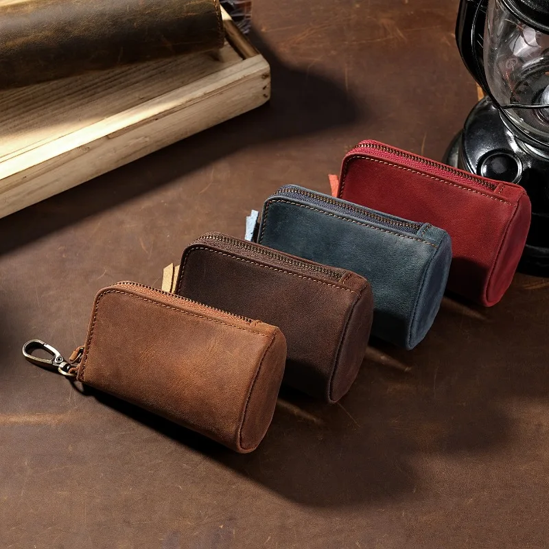 Crazy Horse Leather Bucket Key Case,Vintage Zipper Key Holder with Metal Carabiner, Organizer for Car Keys,House Keys & Key Fobs