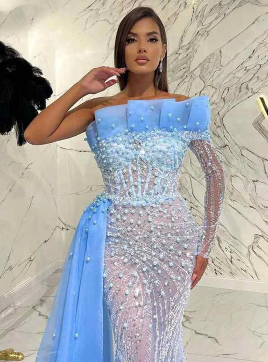 Saudi Arabia Evening Dresses See Through Mermaid One Shoulder Long Sleeves Pearls Beading Formal Elegant Prom Gowns
