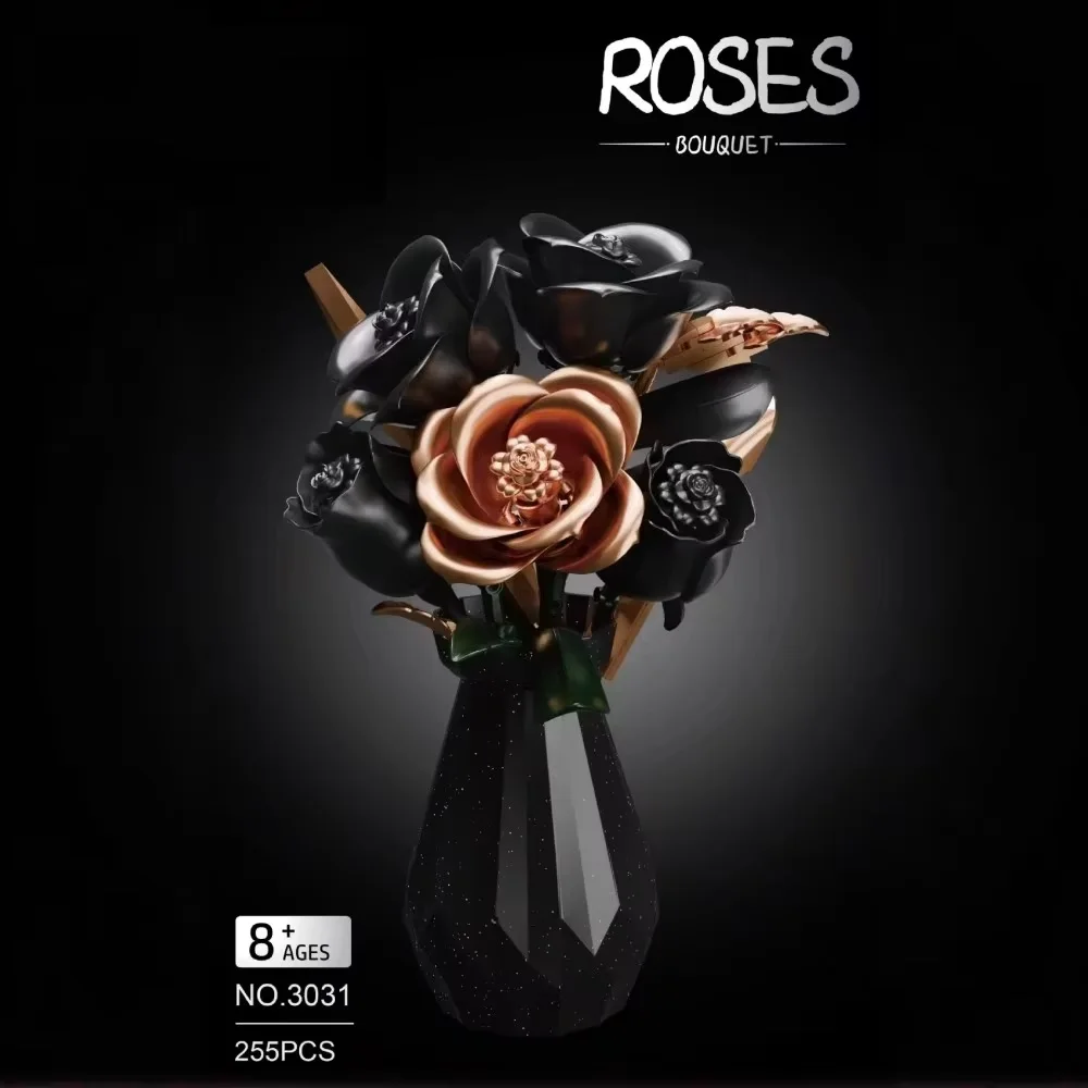 

255pcs Black Gold Rose Building Blocks Bouquet with Vase - Eternal Flower for Home Decor, Luxury Gift for Women, Girls, Valentin