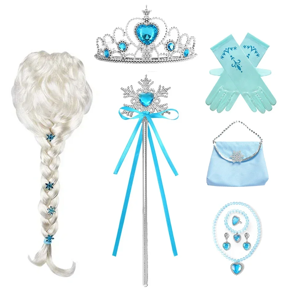 Princess Elsa Cosplay Accessories Gloves Wand Crown Jewelry Set Elsa Wig Braid For Snow Queen Princess Dress Clothes Cosplay