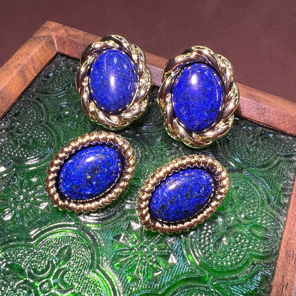 Medieval style lapis lazuli stud earrings vintage retro old money style versatile high sense is cross-border hot-selling earring