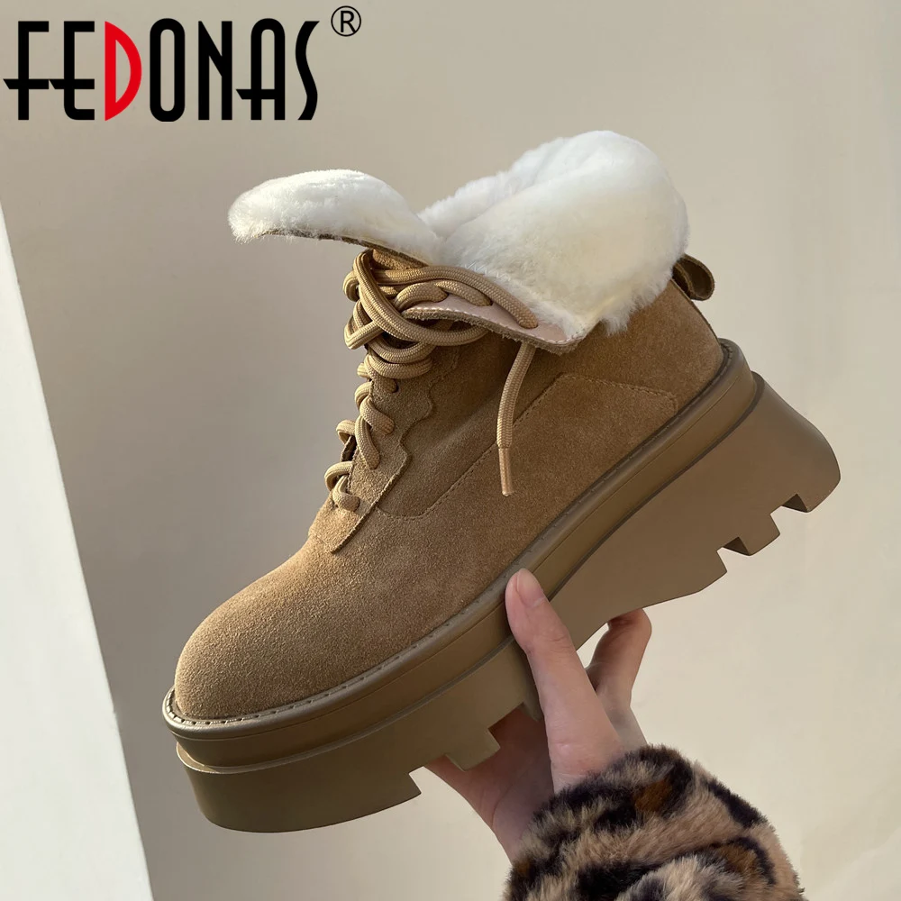 

FEDONAS Warm Women Ankle Boots Autumn Winter Genuine Leather Lace-Up Shoes Woman Wool Blend Platforms Snow Boots Casual Leisure