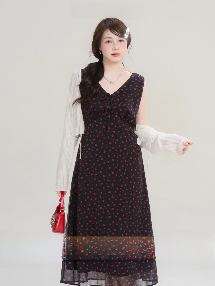 

Heynew плюс размер жилет с цветочным принтом и v-образным вырезом Dr женский летний новый Sle Ele утягивающий длинный корейский Sle поездка на работу ветер