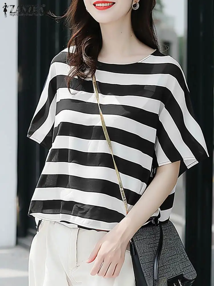 ZANZEA Women Stripe Blouse 2024 Summer Casual Round Neck Short Sleeve Tops Koeran Fashion  All-match Tunic Holiday Loose Tunics