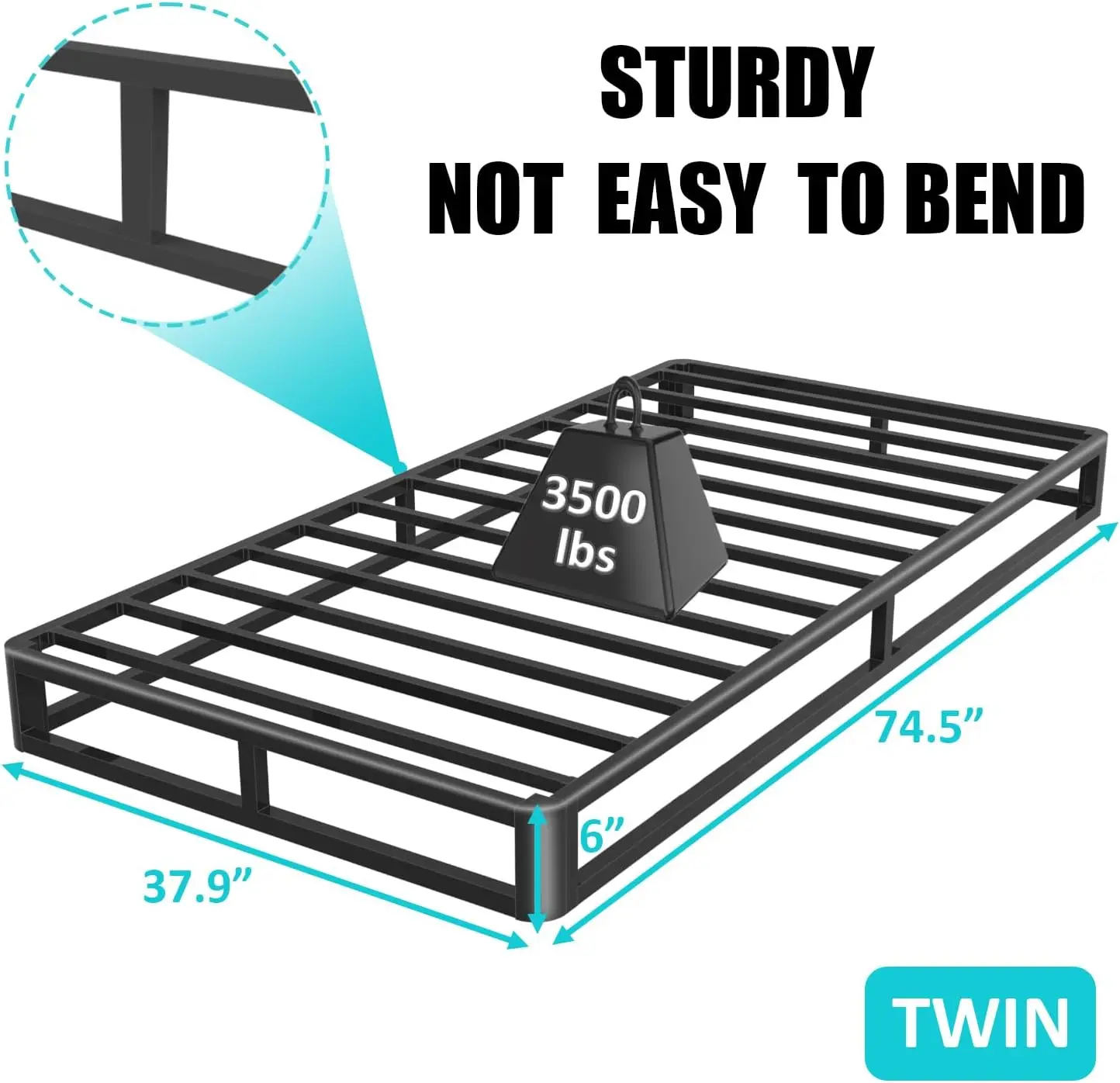 

6 H Twin Bed Frame With Round Corner Edges, Low Profile Twin Metal Platform Bed Frame With Steel Slat Support, No Box Spring