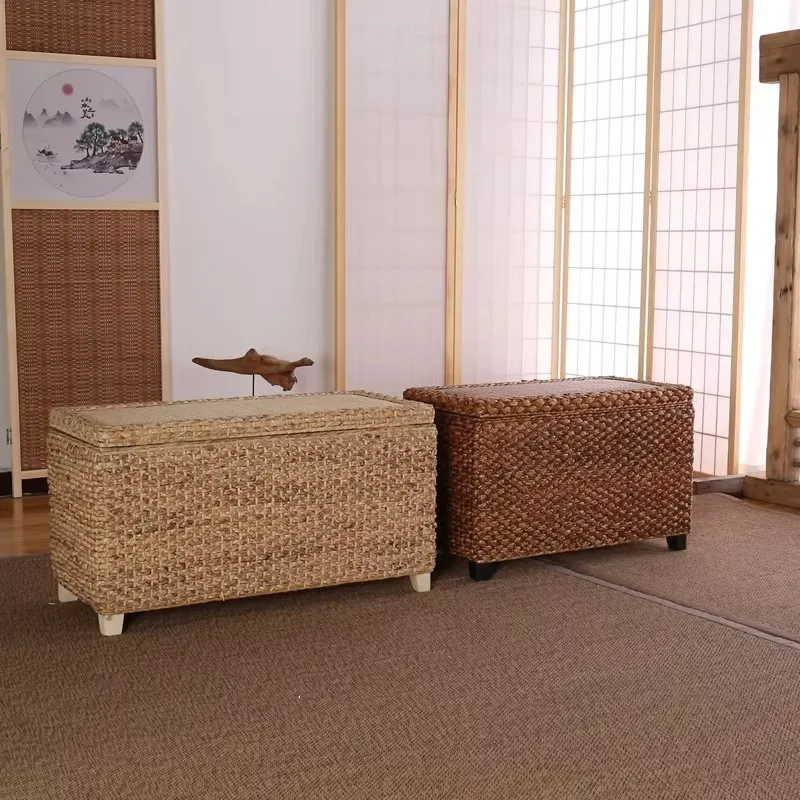 Woven Rattan Storage Stools Solid Wood Entryway Shoe Changing Ottoman Toy Organizer Chest with Lid Multi-Functional Storage Box