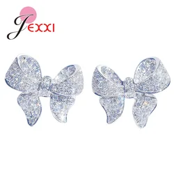 Genuine 925 Sterling Silver Bow Pattern Stud Earrings For Women Girls Wedding Dating Engagement Jewelry Accessory Hot Sale