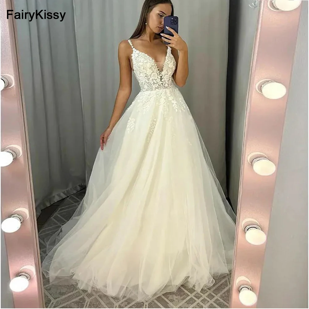 FairyKissy-Robes de mariée sans bretelles en dentelle avec poignées, manches amovibles, robe de mariée en tulle bouffant, mariage élégant, quoi que ce soit, 2024