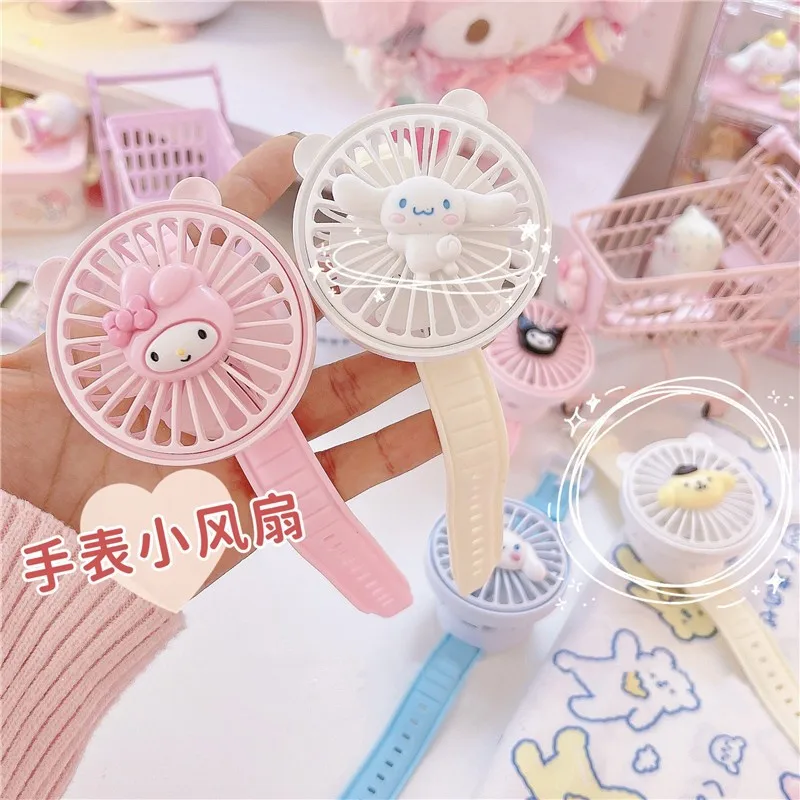 Cute Sanrio Watch Fan Anime Cartoon Cinnamoroll My Melody Hello Kitty Portable Usb Rechargeable Bracelet Mute Fan Girl Gift